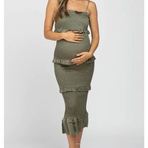 Olive Satin Smocked Fitted Maternity Midi Dress